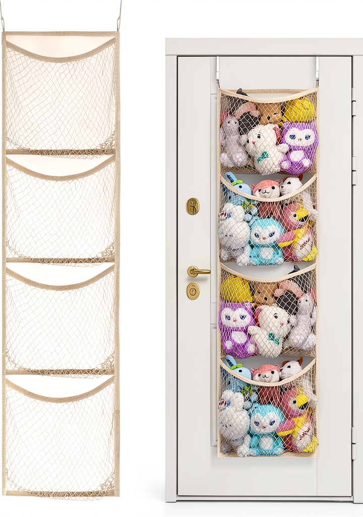 Child reaching for a plush toy in the over‑door storage net