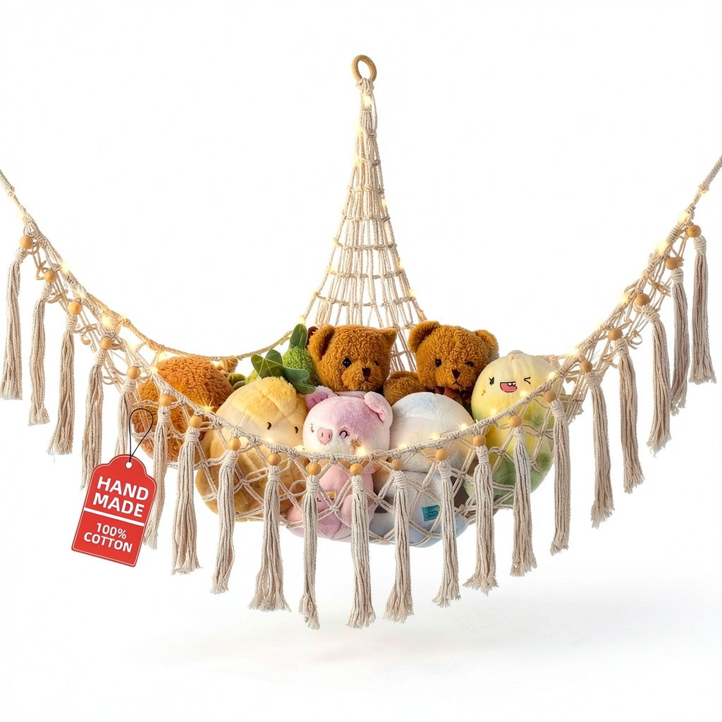 Krislait Cotton Hammock Organizer with preinstalled string lights